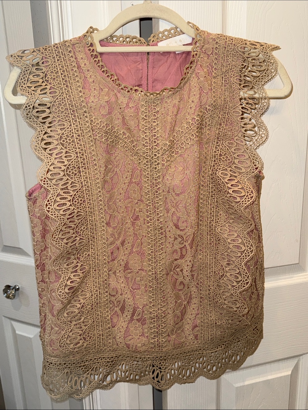 Sleeveless Lace Overlay Blouse in Pink and Tan